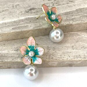 NEW ~ Anthropologie Pink Enamel Flower Pearl Dangle Earrings